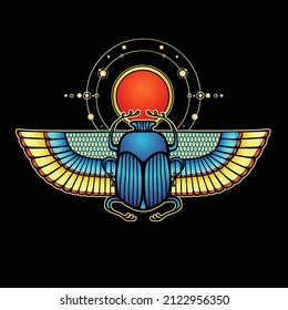 Animation color drawing:  sacred Egyptian beetle scarab holds the sun.  Orbits of planets. Vector illustration isolated on a black background. Print, poster, t-shirt, tattoo