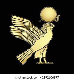 Animation color drawing:  sacred Egyptian Falcon bird. God Horus - deity of heaven and sun. View profile. Vector illustration isolated on a black background. Gold imitation.