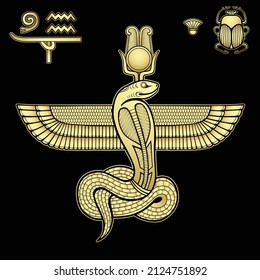 Animation color drawing: Sacred winged Serpent. God Apop. Set of hieroglyphs.
Imitation of gold. Vector illustration isolated on a black background. 