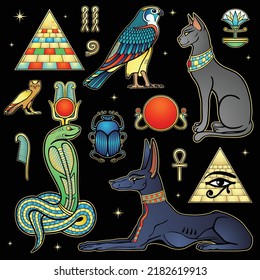 Animation Color Drawing: Set Of Divine Egyptian Animals: Anubis Dog, Bastet Cat, Gorus Bird, Snakes Apop. Ancient Symbols. Vector Illustration Isolated On A Black Background. 