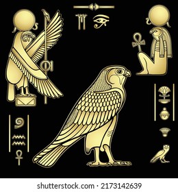 Animation color drawing: set of images of sacred Egyptian Falcon bird. Animal and human. Vector illustration isolated on a black background. Imitation of gold.