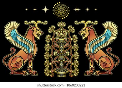 Animation color drawing: sphinx  horned lions guard the fertility tree, star Sirius, character in Assyrian mythology. Vector white illustration isolated on a black background. 
