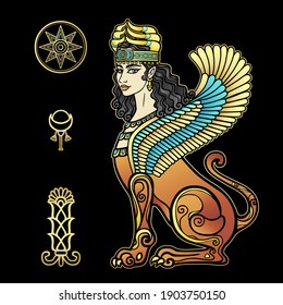 Dibujo de color de animación: mujer esfínx con cuerpo de león y alas, personaje de la mitología asiria. Ishtar, Astarta, Inanna. Símbolos sumerianos. Ilustración vectorial aislada en un fondo negro.