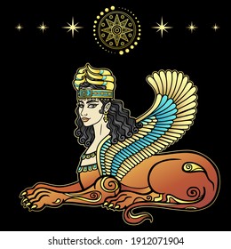 Animation color drawing: sphinx woman with lion body and wings, a character in Assyrian mythology. Ishtar, Astarta, Inanna. Sumerian symbols. Vector illustration isolated on a black background.