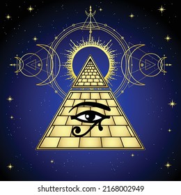 Animation color drawing: symbol of  Egyptian pyramid, all-seeing eye of Horus, Sacred geometry. Imitation of gold. Background - night starry sky. Vector illustration. 