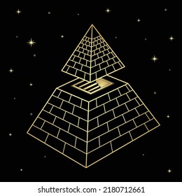 Animation color drawing: symbol of  Egyptian pyramid with a separate vertex and a staircase inside. Mystical tomb, entrance to afterlife. Imitation of gold. Vector illustration isolated on a black 