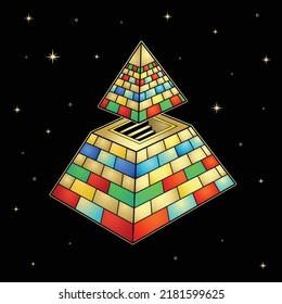 Animation color drawing: symbol of Egyptian pyramid with a separate vertex and a staircase inside. Mystical tomb, entrance to afterlife. Vector illustration isolated on a black background.