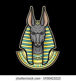 Animation color  portrait Ancient Egyptian god Anubis. Deity with canine head. God of death. Vector illustration isolated on a black background. Print, poster, t-shirt, tattoo.