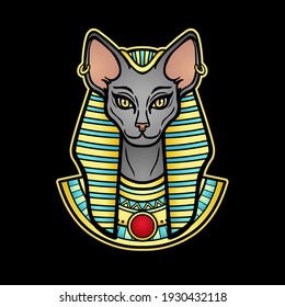 Animation color portrait Ancient Egyptian goddess Bastet (Bast).
with cat head.  Vector illustration isolated on a white background. Print, poster, tatoo.