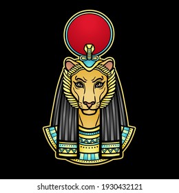 Animation  color portrait Ancient Egyptian goddess with head of  Lioness, disk of sun. Tefnut, Sekhmet, Bastet. 
 Vector illustration isolated on a black background. Print, poster, tatoo. 