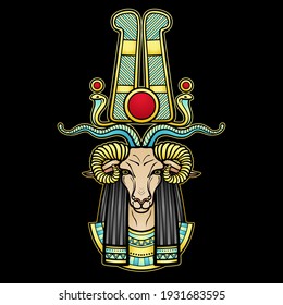 Animation color portrait Ancient Egyptian god Khnum. Deity of Nile source, god with ram. Vector illustration isolated on a black background. Print, poster, t-shirt, tattoo.