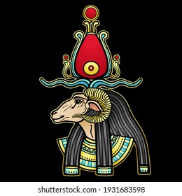 Animation color portrait Ancient Egyptian god Khnum. Deity of Nile source, god with ram. Profile view.  Vector illustration isolated on a black background. Print, poster, t-shirt, tattoo.