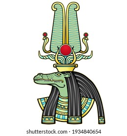 Animation color portrait Ancient Egyptian god Sobek. Deity with a crocodile's head. Profile view.  Vector illustration isolated on a white background. Print, poster, t-shirt, tattoo.