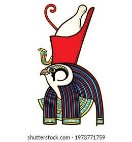 Animation color portrait of the Ancient Egyptian god Horus. Deity with head of a bird, patron of the pharaohs. Vector illustration isolated on a white background. Print, poster, t-shirt, tattoo.