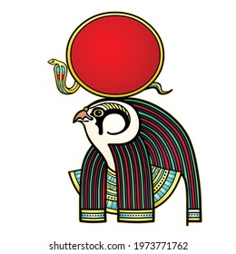 Animation color portrait of the Ancient Egyptian god Ra. Deity of sun with head of a bird. Profile View. Vector illustration isolated on a white background. Print, poster, t-shirt, tattoo.