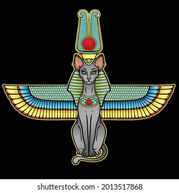 Animation color portrait Ancient Egyptian goddess Bastet (Bast). Sacred winged cat with a divine crown on the head. Vector illustration isolated on a black background. Print, poster