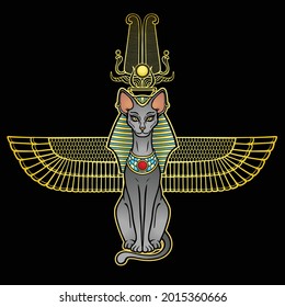 Animation color portrait Ancient Egyptian goddess Bastet (Bast). Sacred winged cat with a divine crown on the head. Vector illustration isolated on a black background. Print, poster