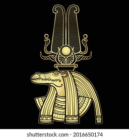  Retrato de color de animación del antiguo dios egipcio Sobek. La deidad con la cabeza de un cocodrilo. Vista de perfil.  Imitación de oro. Ilustración vectorial aislada en un fondo negro. Imprimir, afiche, camiseta