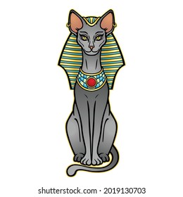 Color de la animación retrata a la antigua diosa egipcia Bastet (Bast) en el discurso real. Gato sagrado. Ilustración vectorial aislada en un fondo blanco. Imprenta, afiche, tatuaje.