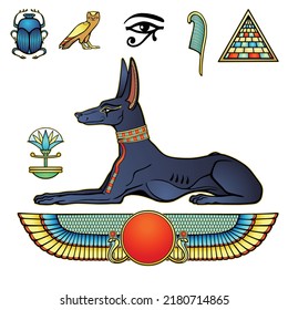 Retrato de color de animación del antiguo dios egipcio Anubis en forma de perro mentiroso. Dios de la muerte. Ver perfil. Fijar símbolos egipcios, sol alado Ra. Ilustración vectorial aislada en un fondo blanco. 