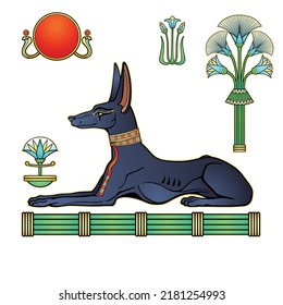 Animation color portrait Ancient Egyptian god Anubis in form of a lying dog. God of death. View profile. Sacred sun Ra, papyrus flowers. Vector illustration isolated on a white background. 