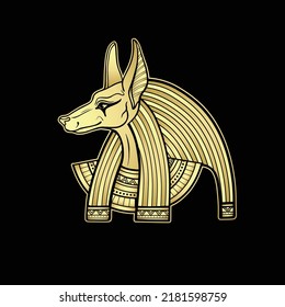 Retrato de color de animación del antiguo dios egipcio Anubis. La deidad con la cabeza canina. Dios de la muerte. Ver perfil. Ilustración vectorial aislada en un fondo negro. Imprenta, afiche, camiseta, tatuaje.