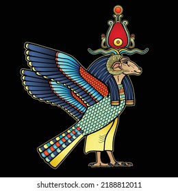 Animation color portrait: Ancient Egyptian god Khnum with body of a bird and head of a ram.  View profile. Vector illustration isolated on a white background.