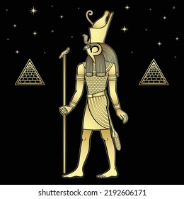 Animation color portrait: Ancient Egyptian god Horus in  guise of Falcon. View profile. Pyramid symbol.  Vector illustration isolated on a  black background. Gold imitation.