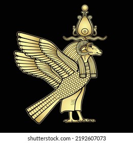 Animation color portrait: Ancient Egyptian god Khnum with body of a bird and head of a ram.  View profile. Vector illustration isolated on a  black background. Gold imitation.