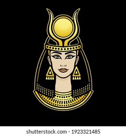 Animation color portrait of beautiful Egyptian woman. Vector illustration isolated on a dark background. Print, poster, t-shirt, tattoo.