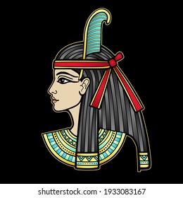 Animation color portrait of beautiful Egyptian woman. Goddess Maat. Profile view. Vector illustration isolated on a black background. Print, poster, t-shirt, tattoo.