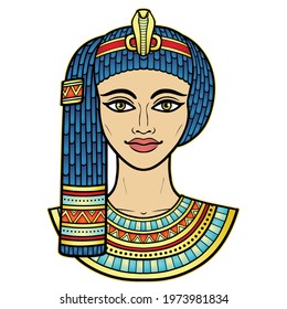 Animation color portrait of beautiful Egyptian woman in ancient hairstyle. Queen or princess Goddess. Vector illustration isolated on a white background. Print, poster, t-shirt, tattoo.