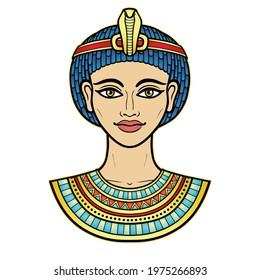 Animation color portrait of beautiful Egyptian woman in ancient hairstyle. Queen or princess Goddess. Vector illustration isolated on a white background. Print, poster, t-shirt, tattoo.