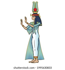 Animation color portrait: beautiful Egyptian woman in ancient clothes with a crown extends his hand. Full growth. Goddess, princess. Profile view. Vector illustration isolated on a white background. 