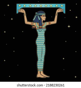 Animation color portrait: beautiful Egyptian woman holds symbolical star sky. Full growth. Goddess, princess. Profile view. Vector illustration isolated on a black background. 