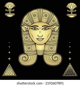 Retrato de color de animación: hermosa diosa egipcia Hathor con orejas de vaca. Deidad del cielo, alegría, amor y belleza. Ilustración vectorial aislada en un fondo negro. La imitación de oro.