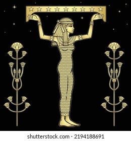 Animation color portrait: beautiful Egyptian woman holds symbolical star sky. Full growth. View profile. Vector illustration isolated on a  black background. Gold imitation.