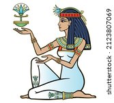 Animation color portrait: Egyptian girl in a Animation color portrait: Egyptian girl in a white dress holds a papyrus flower. Goddess, princess, priestess. Profile view. Vector illustration isolated