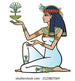 Animation color portrait: Egyptian girl in a Animation color portrait: Egyptian girl in a white dress holds a papyrus flower. Goddess, princess, priestess. Profile view. Vector illustration isolated