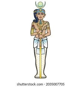 Animation color portrait  Egyptian God Honsu. God of the moon, of time, a young man a wanderer with a curl of youth. Vector illustration isolated on a white background. Print, poster, t-shirt,