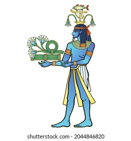 Animation color portrait: Egyptian God Hapi presents river gifts - papyrus flowers. God of fertility, of water, of  Nile River. Vector illustration isolated on a white background. 