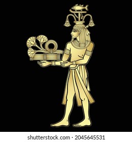  Animation color portrait: Egyptian God Hapi presents river gifts - papyrus flowers. God of fertility, of water, of  Nile River. Vector illustration isolated on a black background. Imitation of gold.