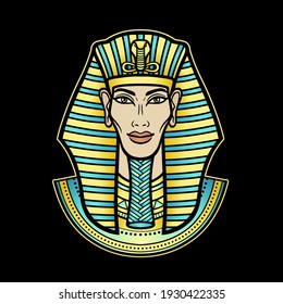 Animation color portrait Egyptian man. Pharaoh, king, mummy. Vector illustration isolated on a black background. Print, poster, t-shirt, tattoo.
