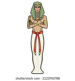 Animation color portrait: Egyptian man  in the royal scarf with crossed hands holds symbols of power. Pharaoh, Osiris, mummy.Vector illustration isolated on a white background. 