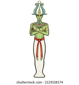 Animation color portrait: Egyptian man  in the royal crown with crossed hands holds symbols of power. Pharaoh, Osiris, mummy.Vector illustration isolated on a white background. 