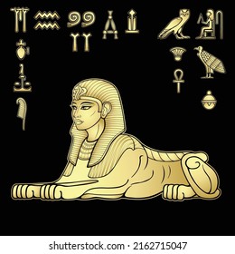 Animation color portrait: Egyptian sphinx body of a lion and the head of a woman. Set of hieroglyphs. Vector illustration isolated on a black background. Imitation of gold.Print, poster, t-shirt, tat