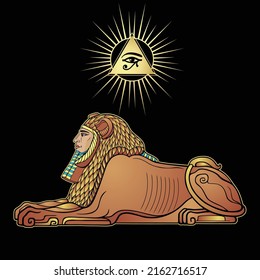 Animation color portrait: Egyptian sphinx body of a lion and the head of a man. Divine sun. Vector illustration isolated on a black background. Print, poster, t-shirt, tattoo.