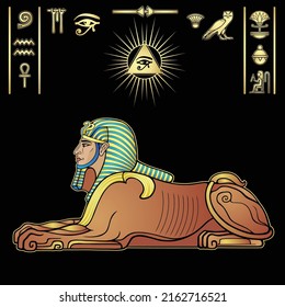 Animation color portrait: Egyptian sphinx body of a lion and the head of a man. Divine sun. Set of hieroglyphs. Vector illustration isolated on a black background. Print, poster, t-shirt, tattoo.