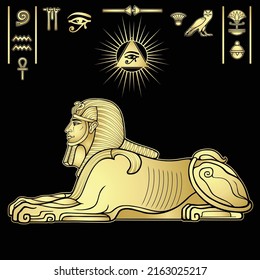 Animation color portrait: Egyptian sphinx body of a lion and the head of a man. Set of hieroglyphs. Vector illustration isolated on a black background. Imitation of gold.