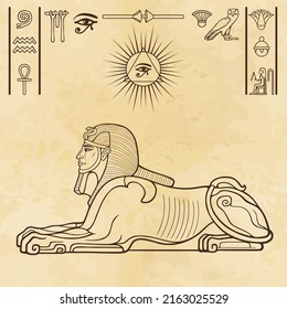 Animation color portrait: Egyptian sphinx body of a lion and the head of a man. Set of hieroglyphs. Vector illustration.  Background - old paper.